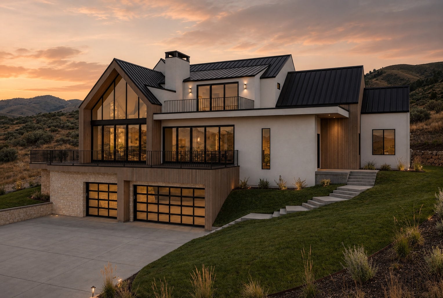 Rendering of the Crane Creek Residence at dusk: a custom home with standing-seam black metal roofs, vertical wood siding, white plaster walls, and a glazed gable facing the hills beyond.