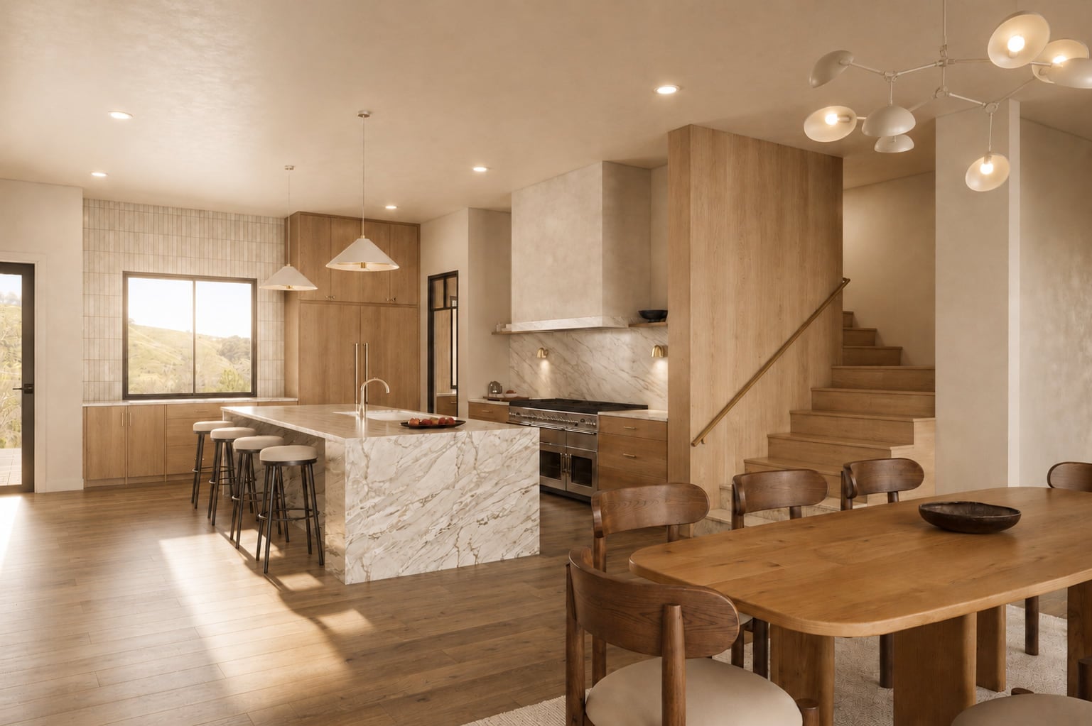 Rendering of the Crane Creek Residence kitchen: a marble waterfall island with stools, white oak cabinetry, a plaster range hood, and an oak stair beyond the dining table.