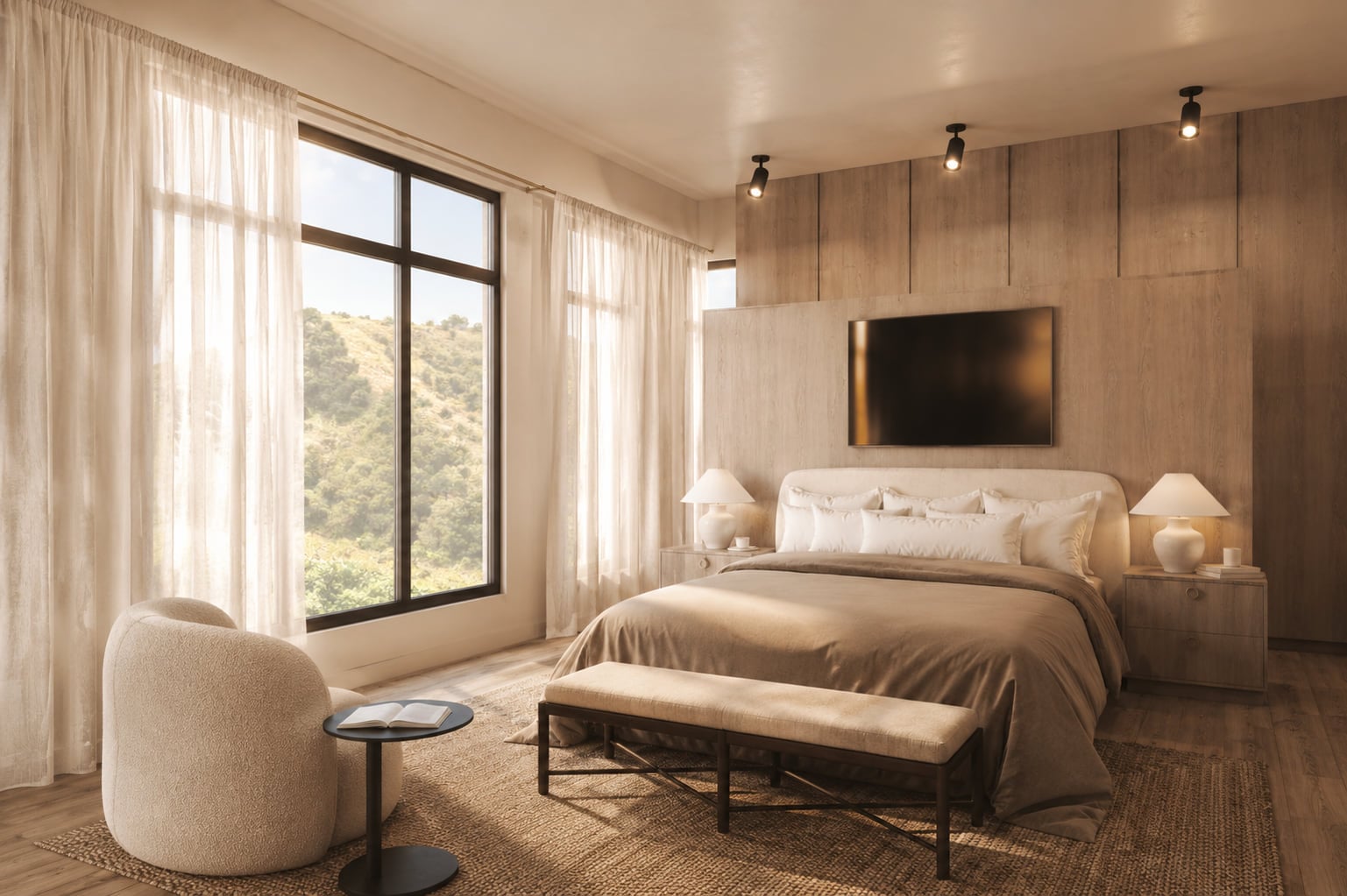 Rendering of the Crane Creek Residence primary bedroom: a wood-panelled wall behind the bed, sheer curtains at a tall window, and a bouclé armchair.